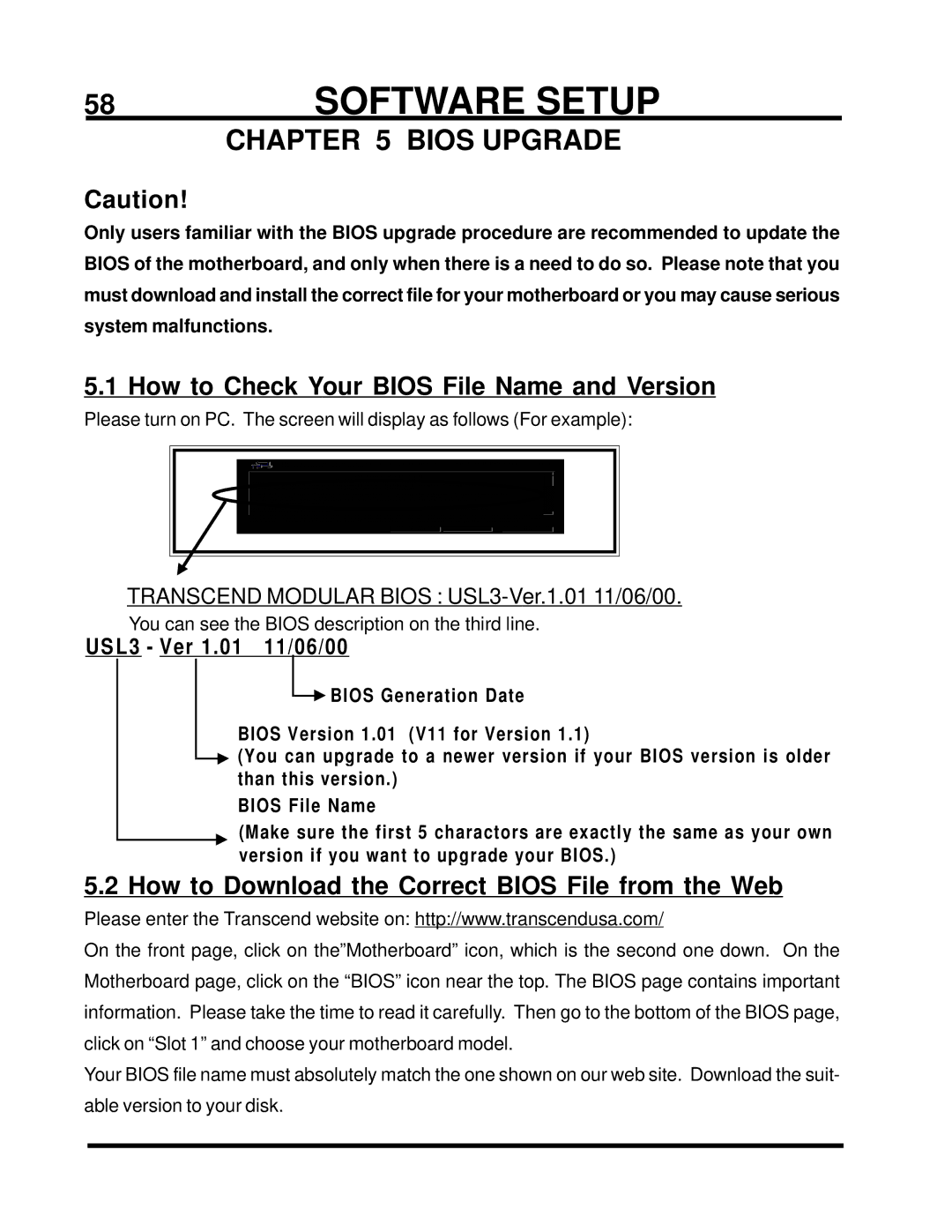 Transcend Information TS-USL3/N, TS-USP3/N user manual How to Check Your Bios File Name and Version, L 3 Ver 1.01 11/06/00 