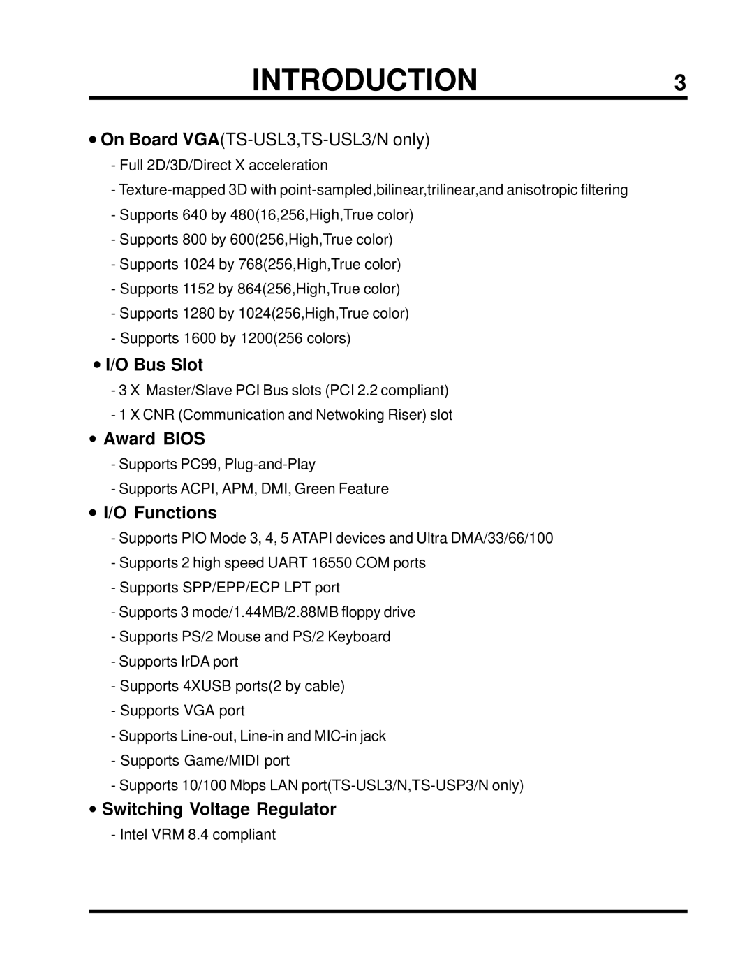 Transcend Information TS-USP3/N, TS-USL3 INTRODUCTION3, Bus Slot, Award Bios, Functions, Switching Voltage Regulator 