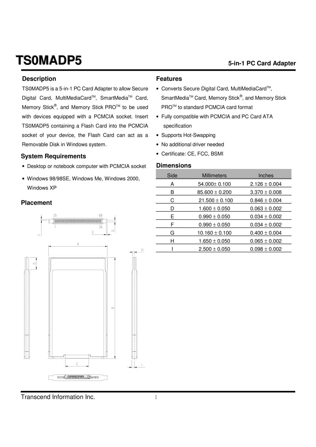 Transcend Information TS0MADP5 dimensions Description Features, SystemRequirements, Placement, Dimensions 