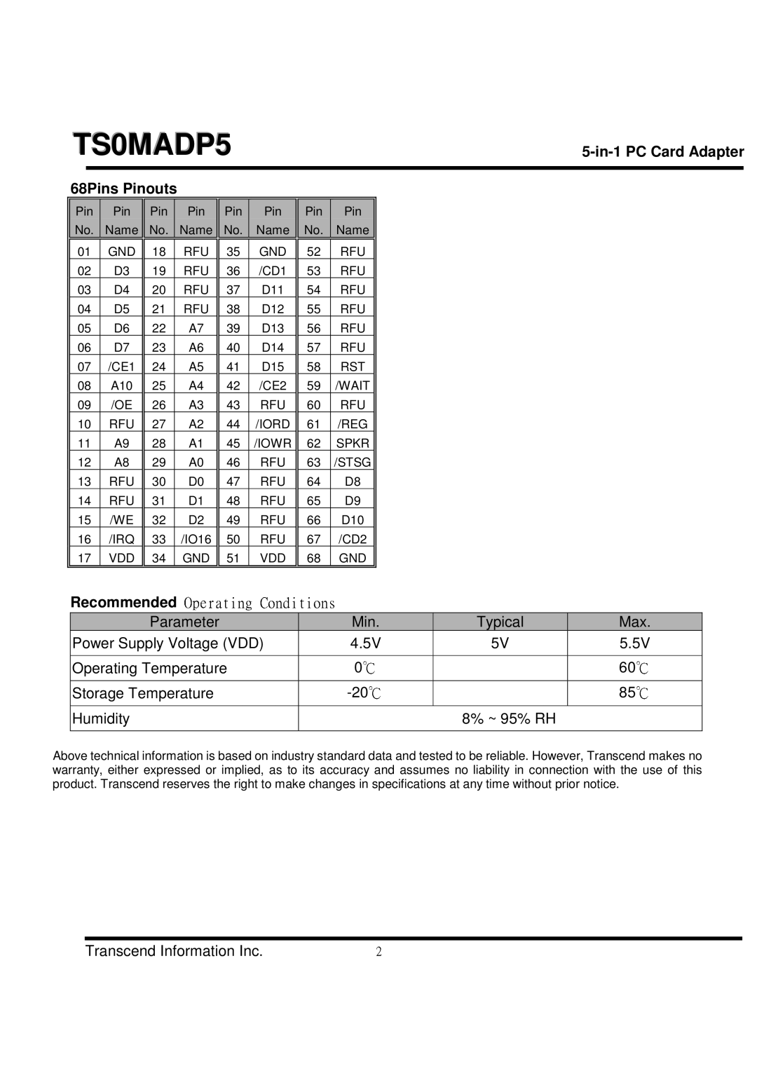 Transcend Information TS0MADP5 dimensions  , 68PinsPinouts, Recommended, ~95%RH, Gnd 