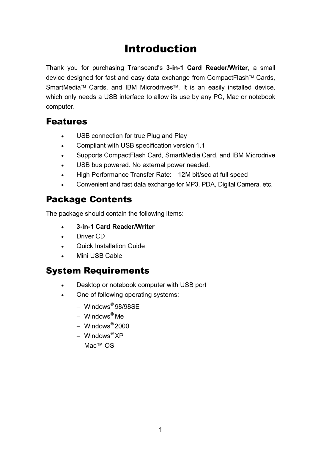 Transcend Information TS0MFLRD user manual Introduction, Features, Package Contents, System Requirements 