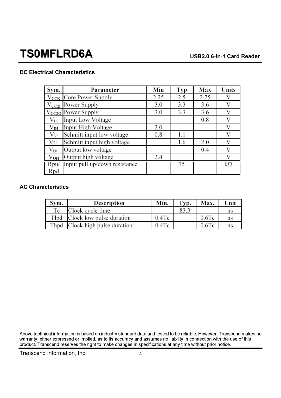 Transcend Information TS0MFLRD6A dimensions DC Electrical Characteristics AC Characteristics 