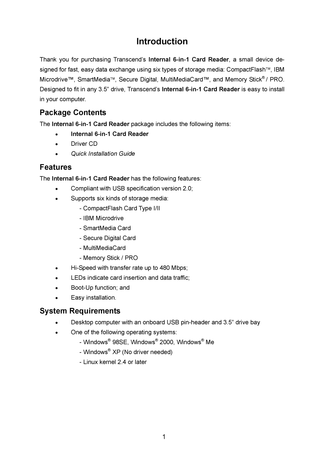 Transcend Information TS0MFLRD6E user manual Package Contents, Features, System Requirements 