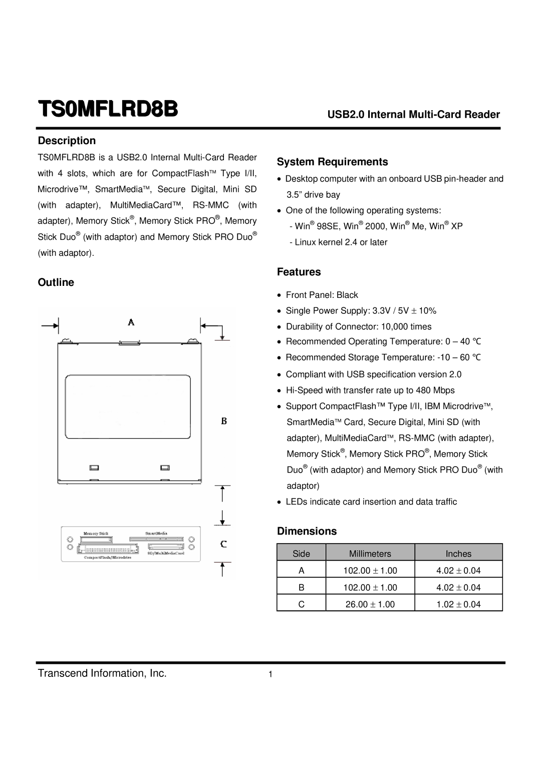 Transcend Information TS0MFLRD8B dimensions Description, System Requirements, Features Outline, Dimensions 