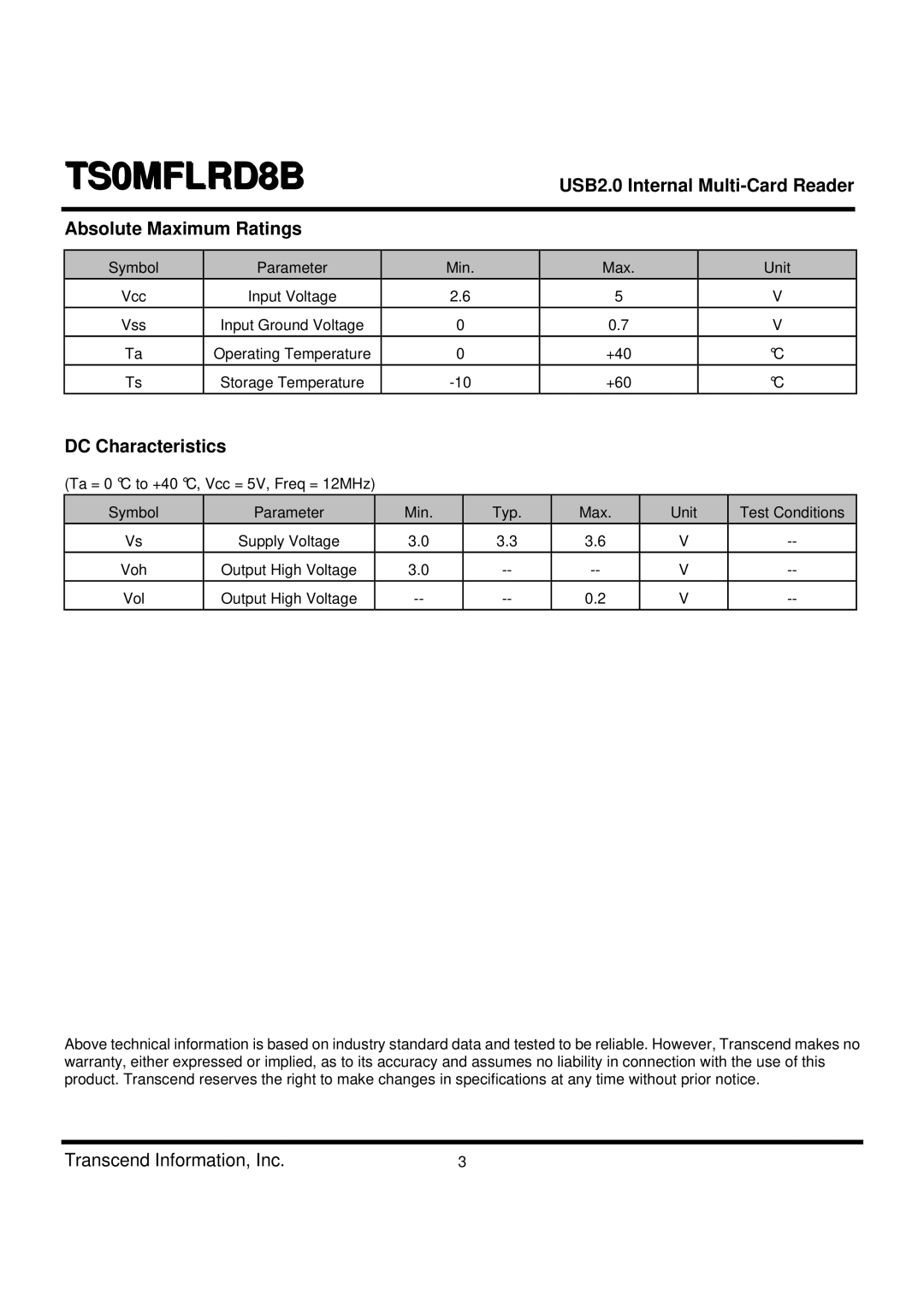 Transcend Information TS0MFLRD8B dimensions Absolute Maximum Ratings, DC Characteristics 