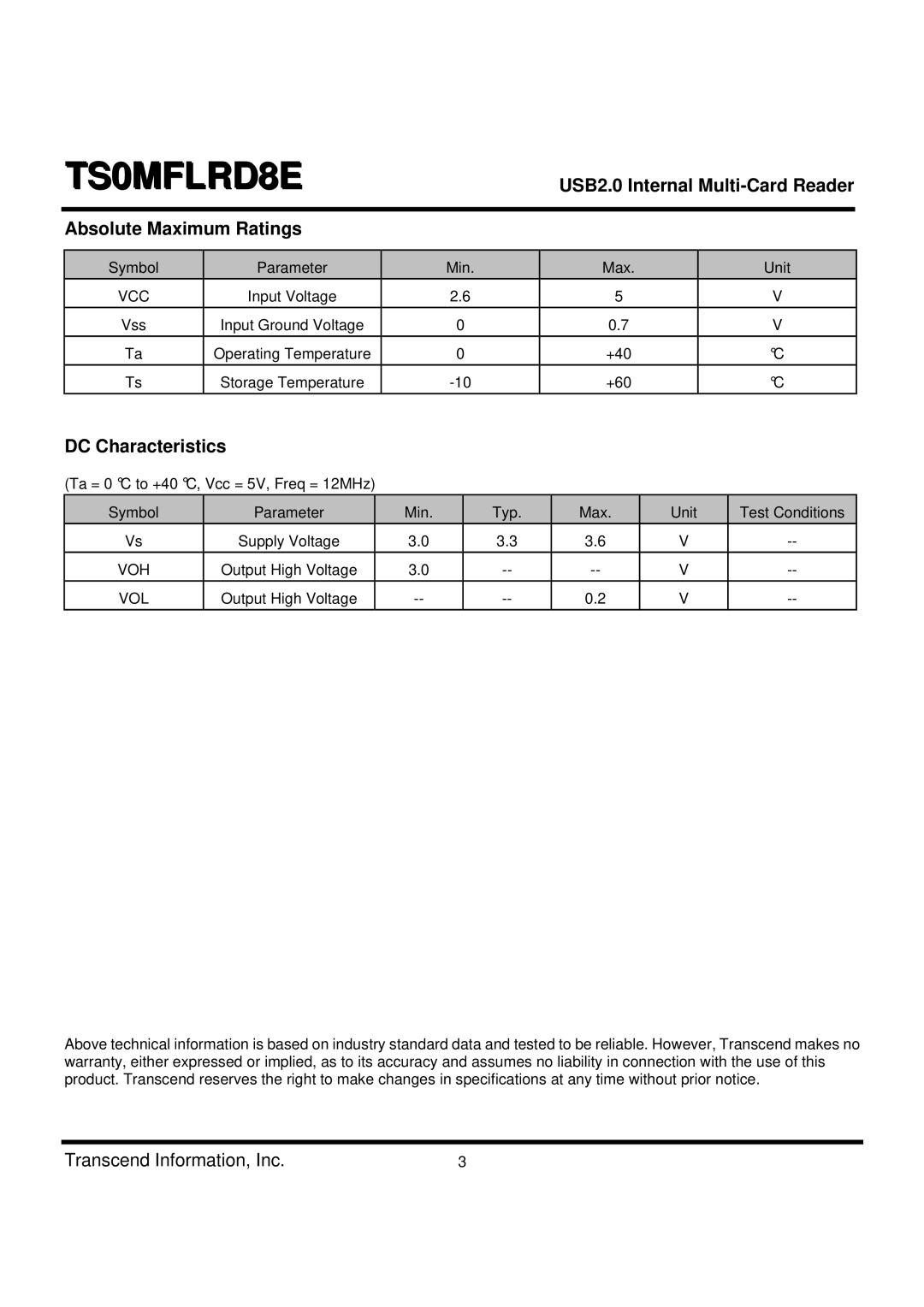 Transcend Information TS0MFLRD8E dimensions Absolute Maximum Ratings, DC Characteristics, Voh, Vol 