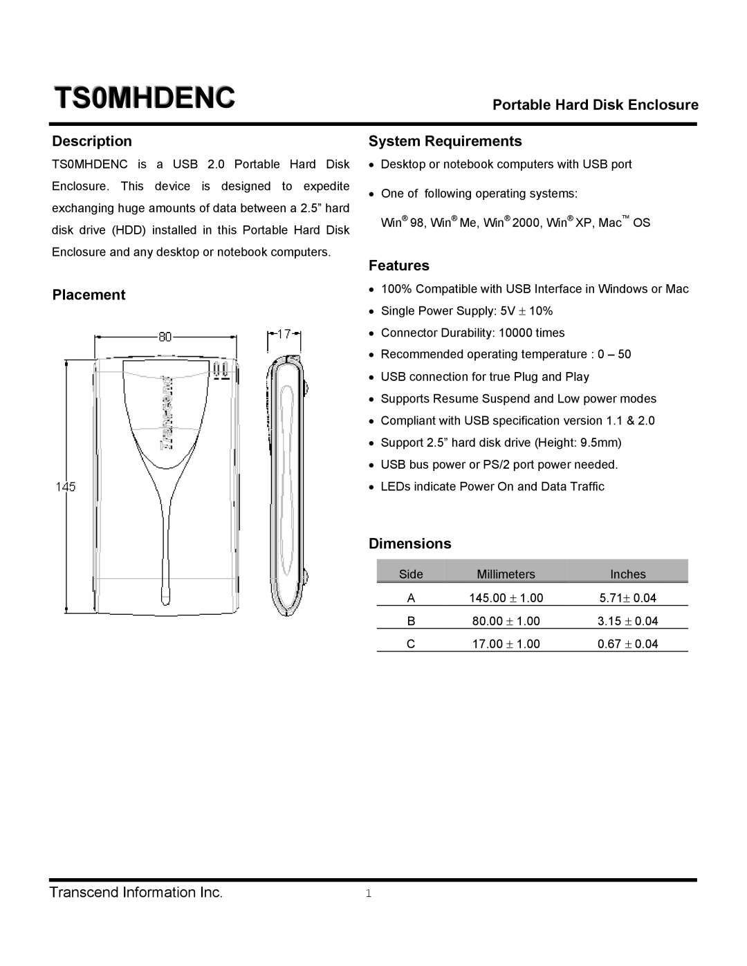 Transcend Information TS0MHDENC dimensions 