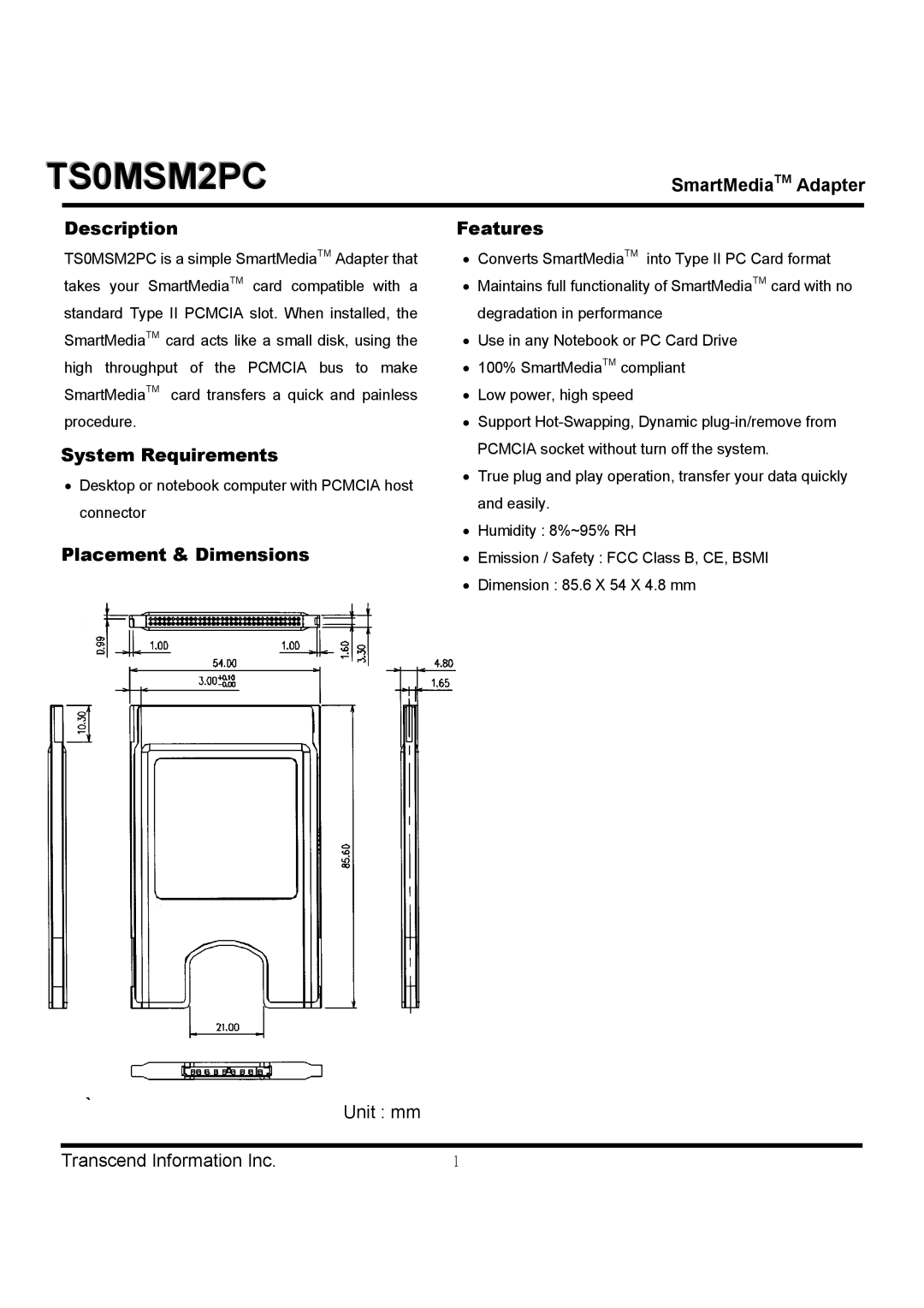 Transcend Information TS0MSM2PC dimensions SmartMediaTM Adapter, Description, System Requirements 