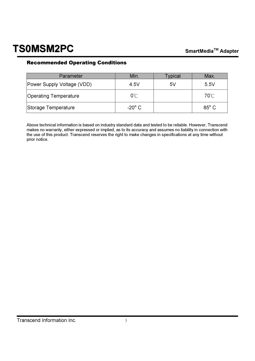 Transcend Information TS0MSM2PC dimensions Recommended Operating Conditions 