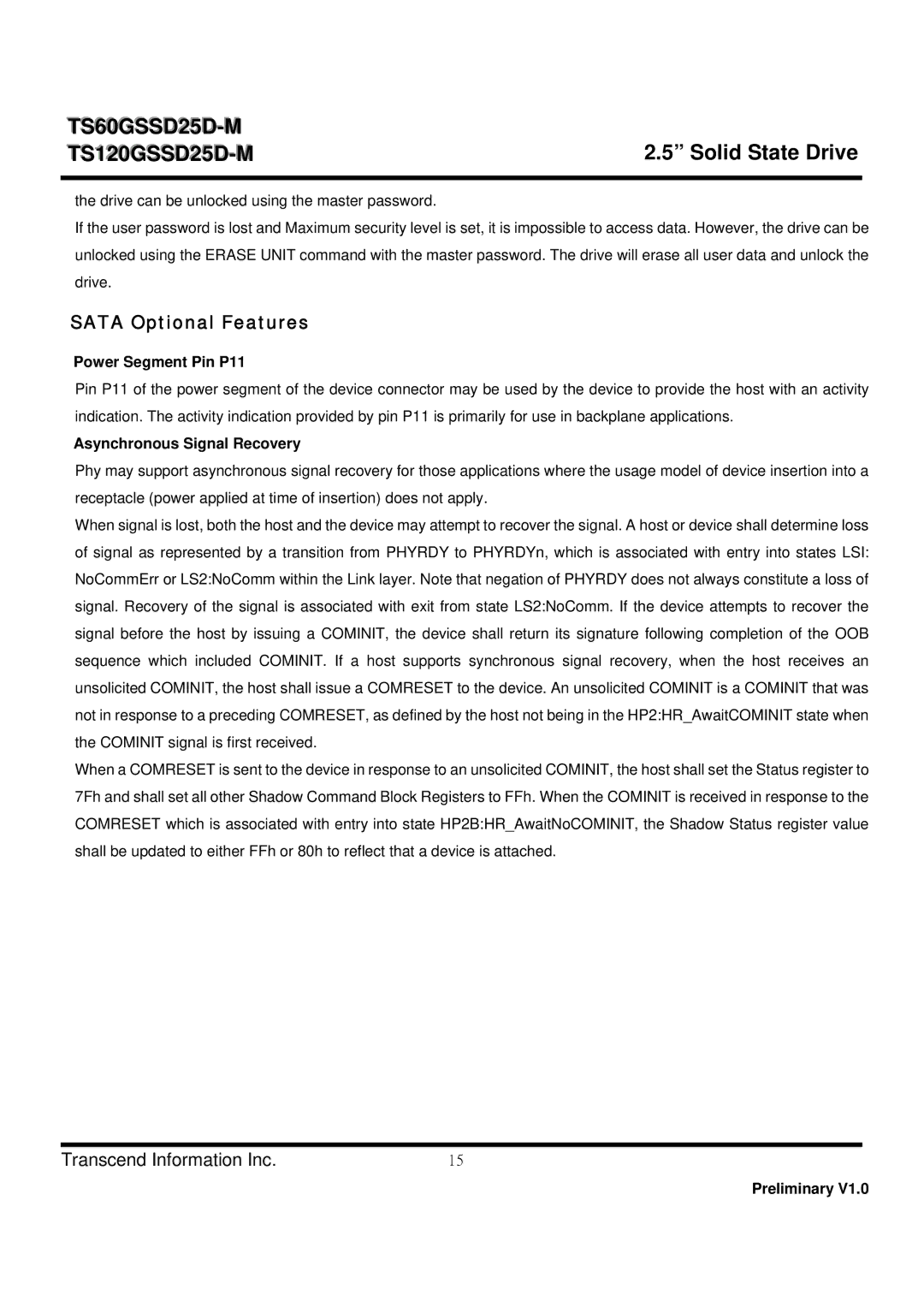 Transcend Information TS60GSSD25D-M dimensions Sata Optional Features, Power Segment Pin P11, Asynchronous Signal Recovery 