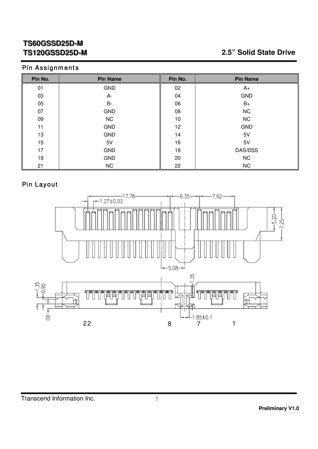 Transcend Information TS60GSSD25D-M, TS120GSSD25D-M dimensions Pin Assignments, Pin Layout 228, Pin No Pin Name 