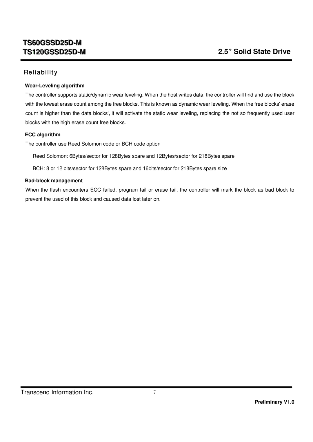 Transcend Information TS60GSSD25D-M dimensions Reliability, Wear-Leveling algorithm, ECC algorithm, Bad-block management 