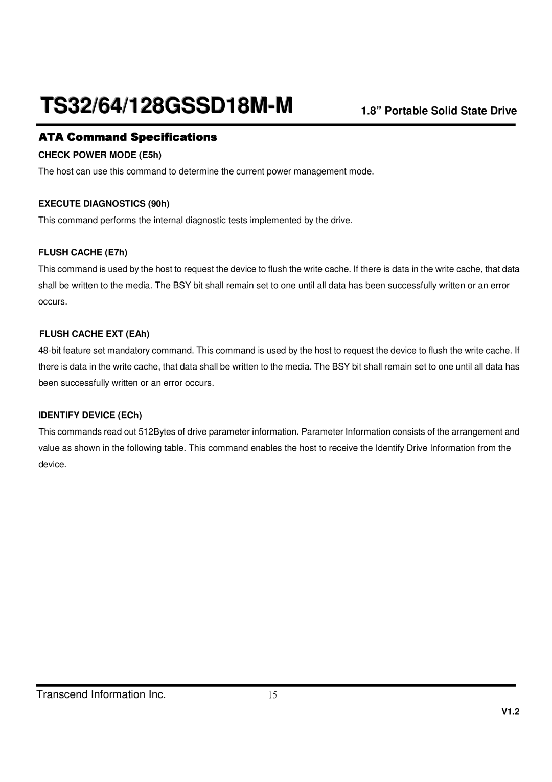 Transcend Information TS128GSSD18M-M, TS64, TS32 dimensions ATA Command Specifications 