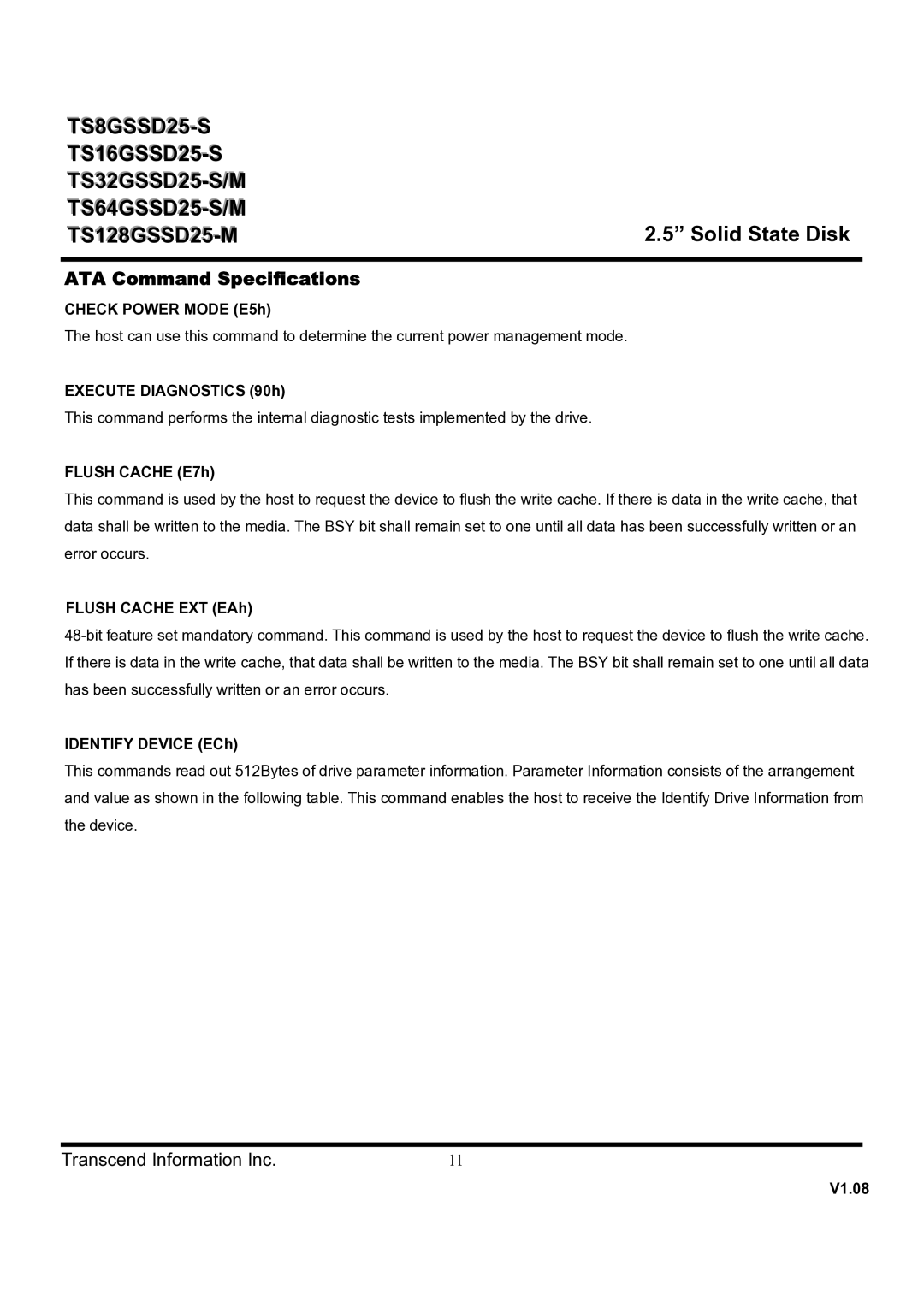 Transcend Information TS8GSSD25-S, TS128GSSD25-M, TS16GSSD25-S, TS64GSSD25-M, TS64GSSD25-S ATA Command Specifications 