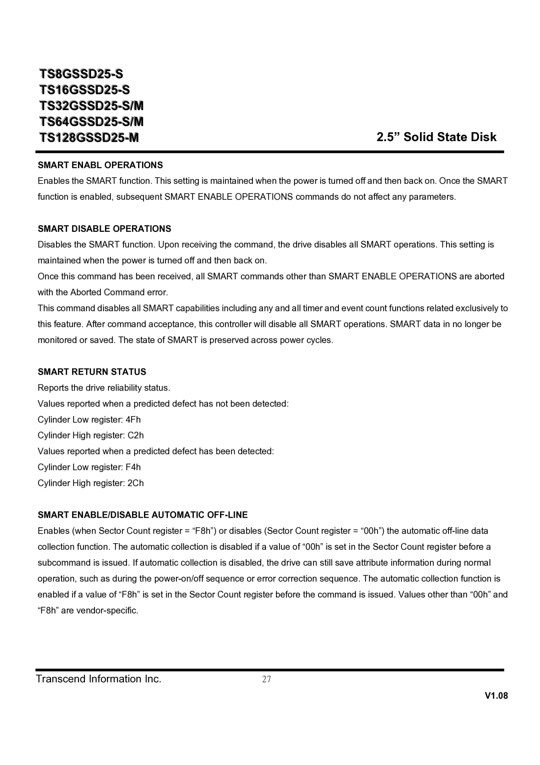 Transcend Information TS8GSSD25-S, TS128GSSD25-M, TS16GSSD25-S, TS64GSSD25-M, TS64GSSD25-S dimensions Smart Enabl Operations 