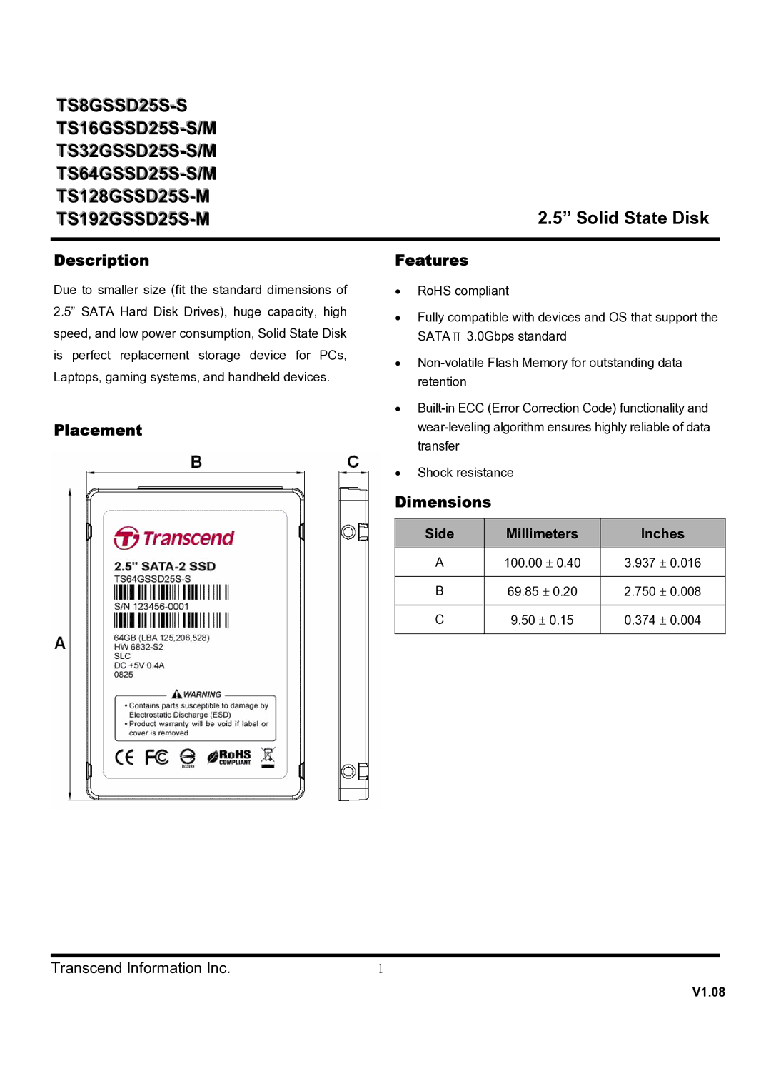 Transcend Information TS64GSSD25S-M, TS128GSSD25S-M dimensions Description, Placement Features, Dimensions, V1.08 