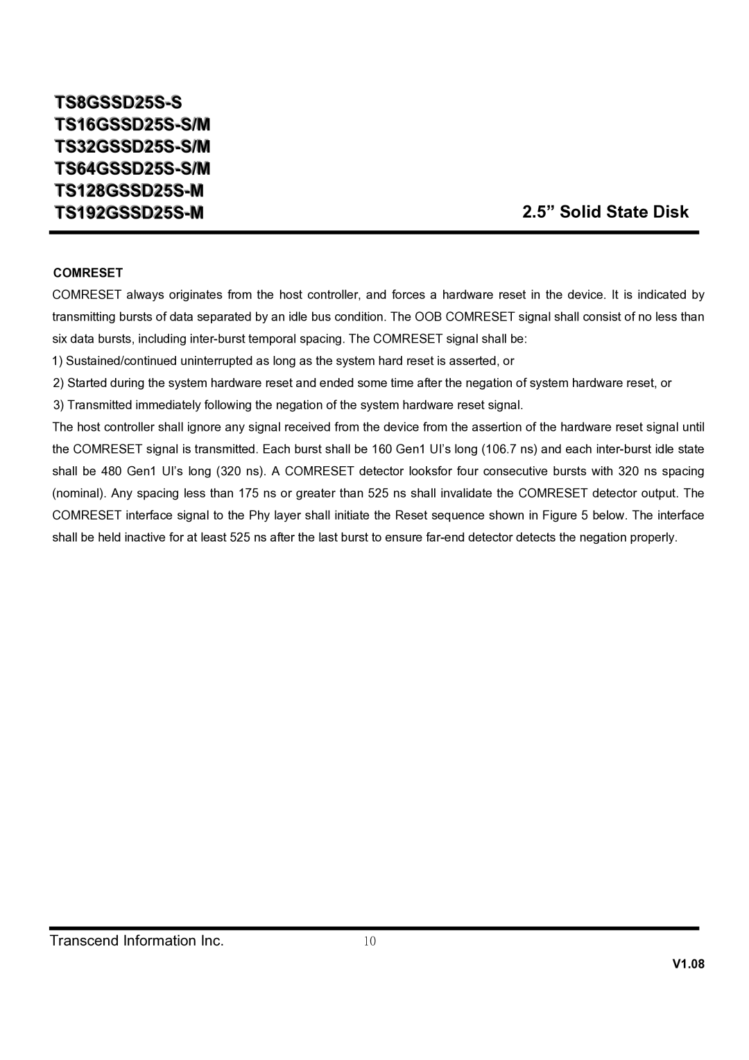 Transcend Information TS128GSSD25S-M, TS64GSSD25S-M, TS64GSSD25S-S, TS32GSSD25S-M, TS16GSSD25S-M, TS32GSSD25S-S Comreset 