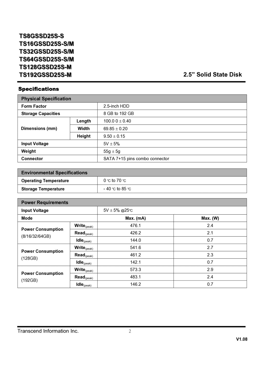 Transcend Information TS64GSSD25S-S, TS128GSSD25S-M, TS64GSSD25S-M, TS32GSSD25S-M, TS16GSSD25S-M, TS32GSSD25S-S Specifications 