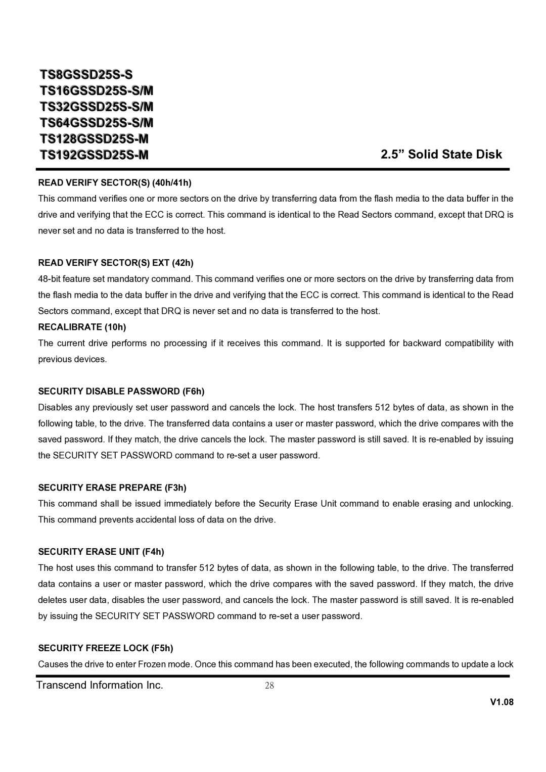 Transcend Information TS16GSSD25S-S dimensions Read Verify Sectors 40h/41h, Read Verify Sectors EXT 42h, Recalibrate 10h 