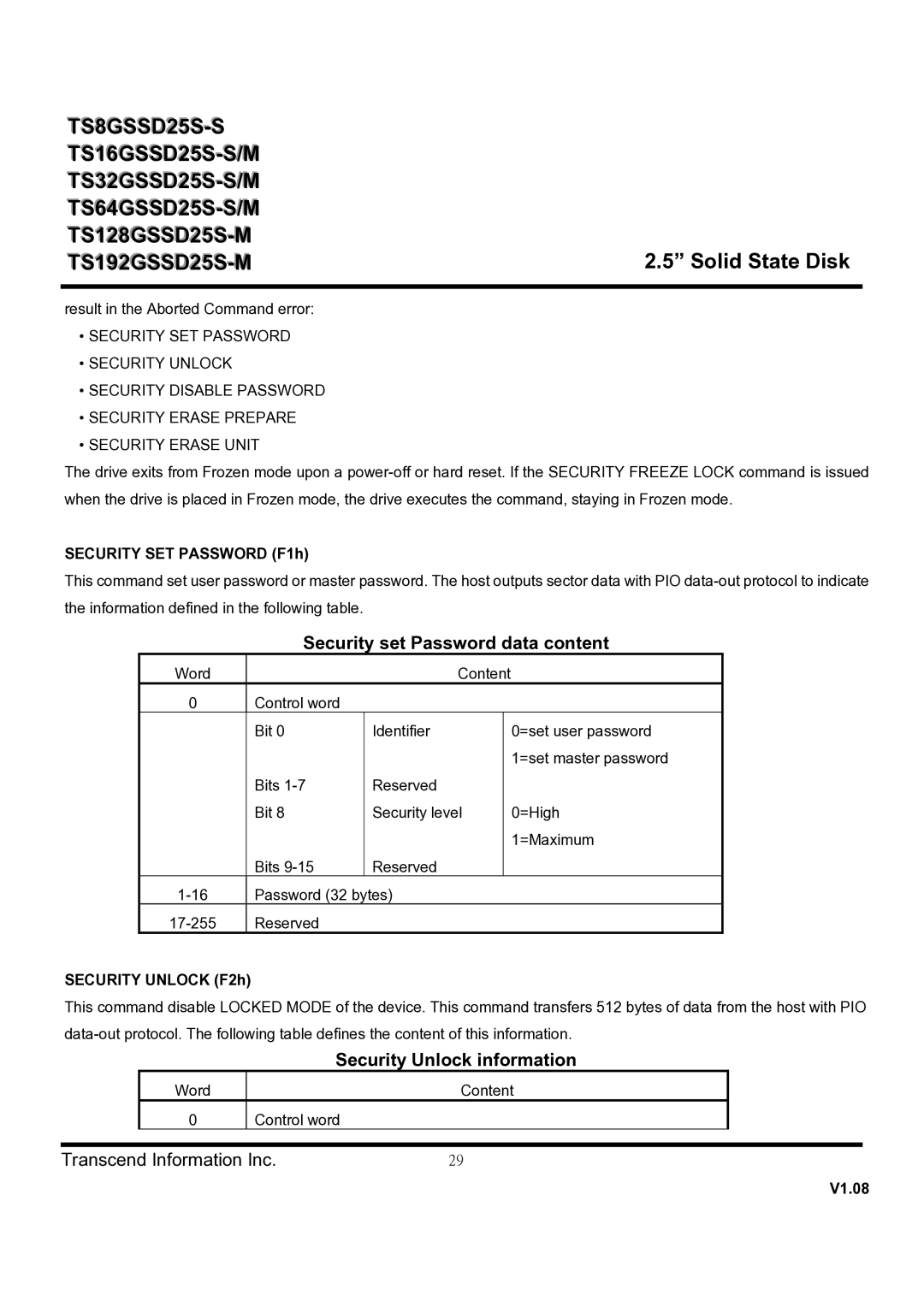 Transcend Information SSD25S dimensions Security set Password data content, Security SET Password F1h, Security Unlock F2h 