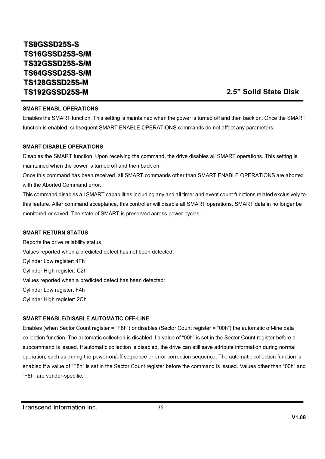 Transcend Information TS32GSSD25S-S, TS128GSSD25S-M, TS64GSSD25S-M, TS64GSSD25S-S, TS32GSSD25S-M Smart Enabl Operations 