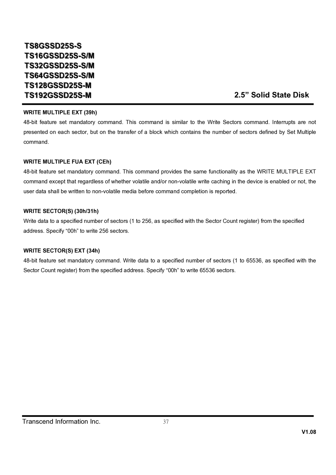 Transcend Information TS192GSSD25S-M dimensions Write Multiple EXT 39h, Write Multiple FUA EXT CEh, Write Sectors 30h/31h 