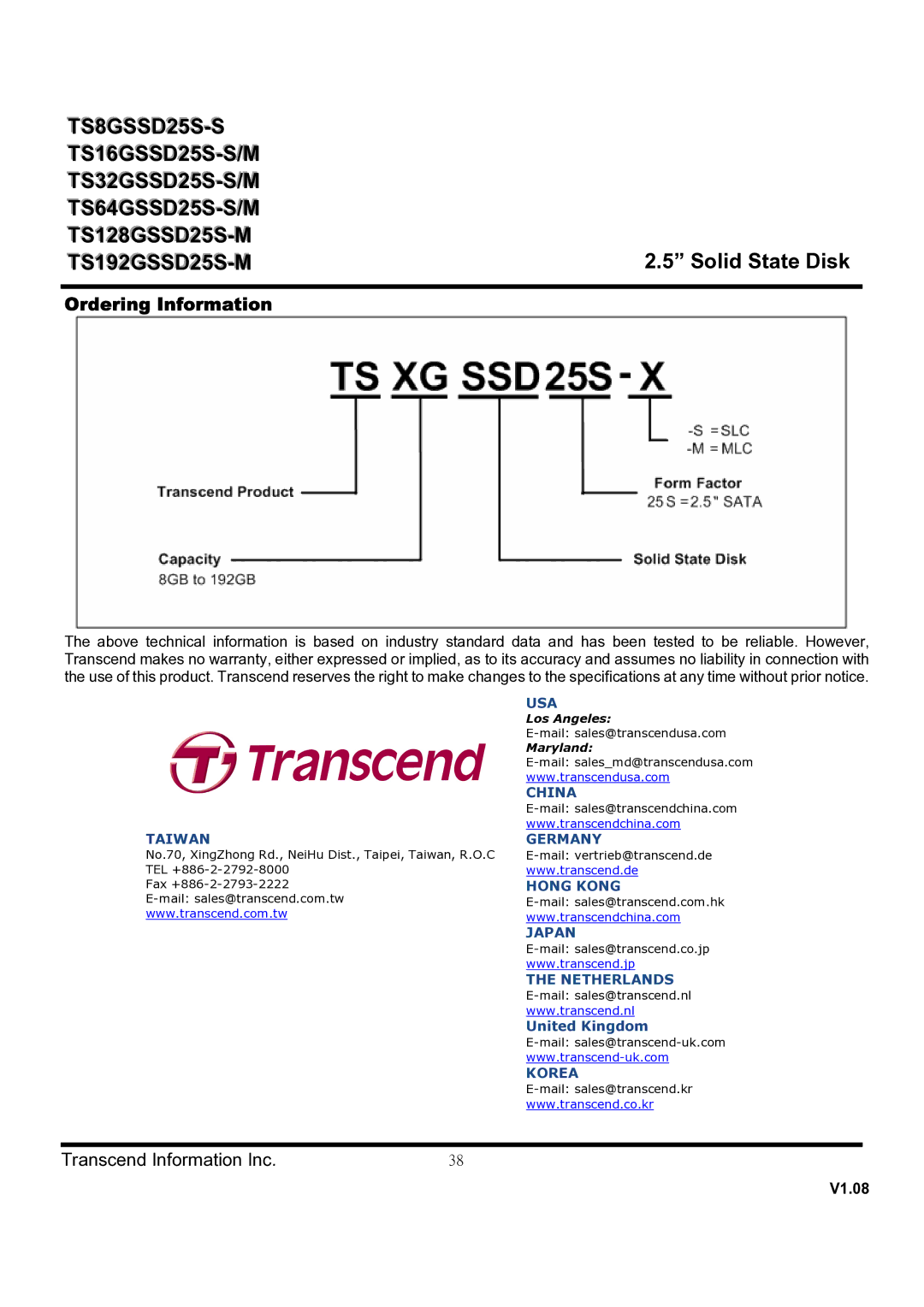 Transcend Information TS16GSSD25S-S, TS128GSSD25S-M, TS64GSSD25S-M, TS64GSSD25S-S Ordering Information, Taiwan Germany 