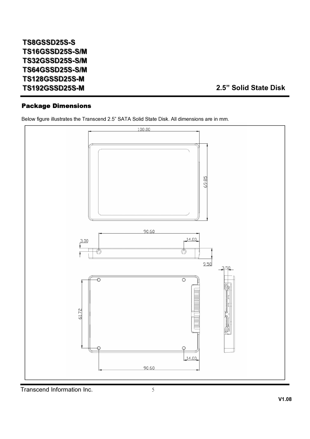 Transcend Information TS32GSSD25S-S, TS128GSSD25S-M, TS64GSSD25S-M, TS64GSSD25S-S, TS32GSSD25S-M dimensions Package Dimensions 