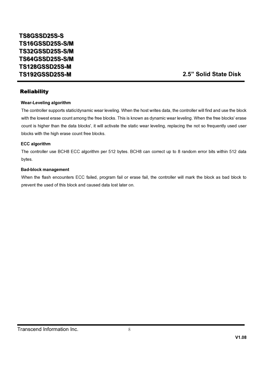 Transcend Information TS16GSSD25S-S dimensions Reliability, Wear-Leveling algorithm, ECC algorithm, Bad-block management 