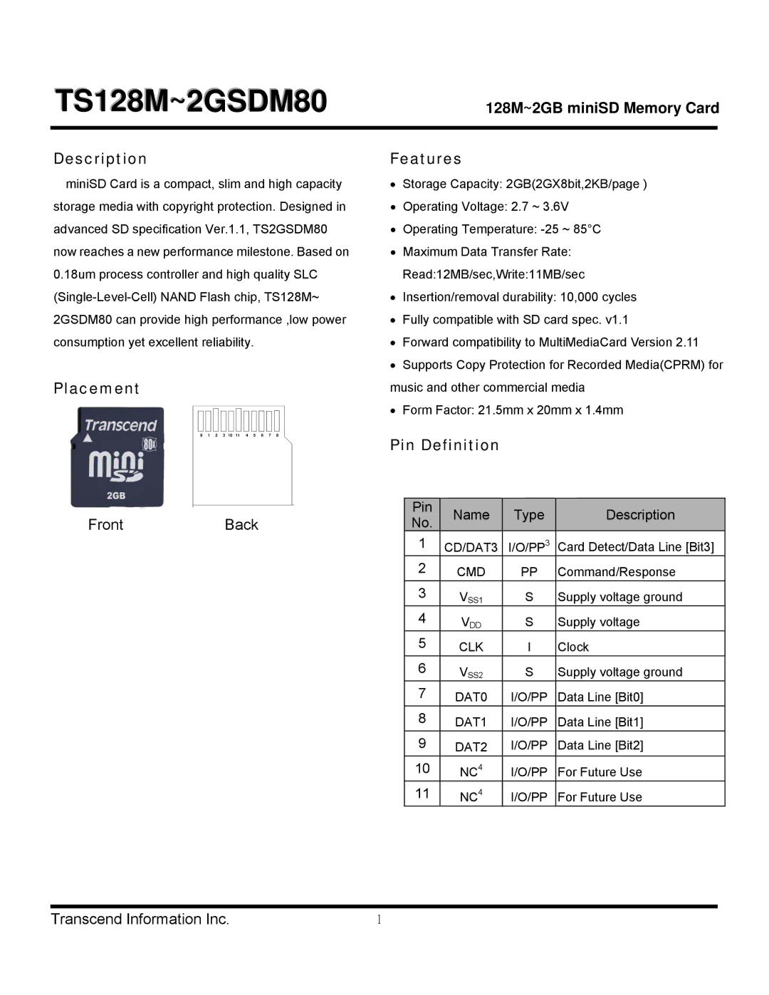 Transcend Information 2GSDM80, TS128M manual 128M~2GB miniSD Memory Card, Description, Placement Features, Pin Definition 