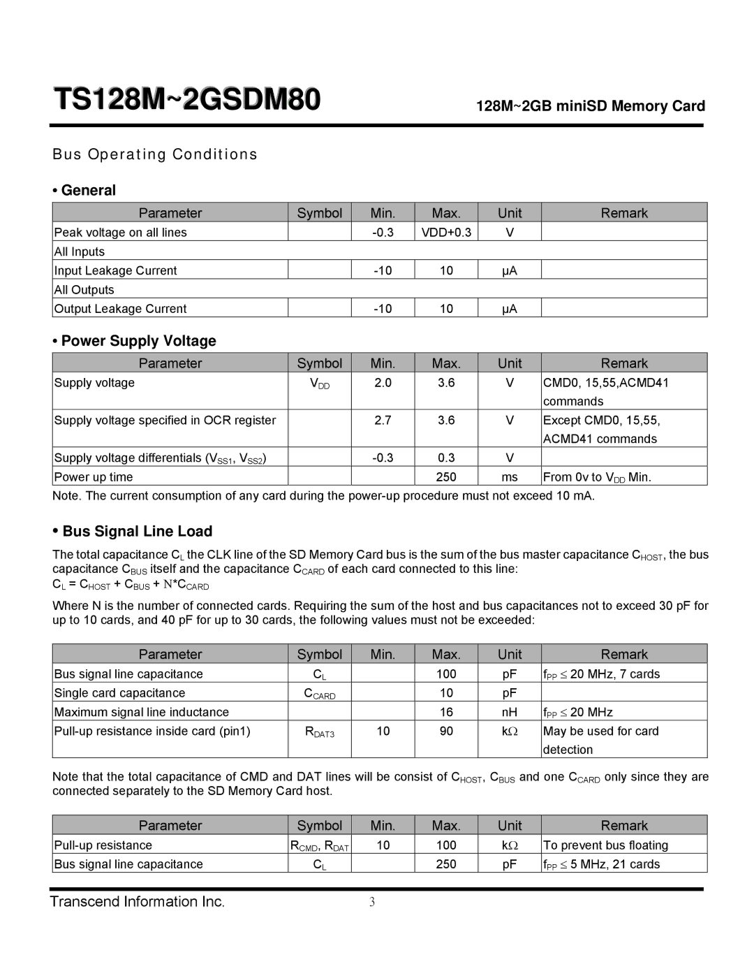 Transcend Information 2GSDM80, TS128M Bus Operating Conditions General, Power Supply Voltage, Bus Signal Line Load, Remark 