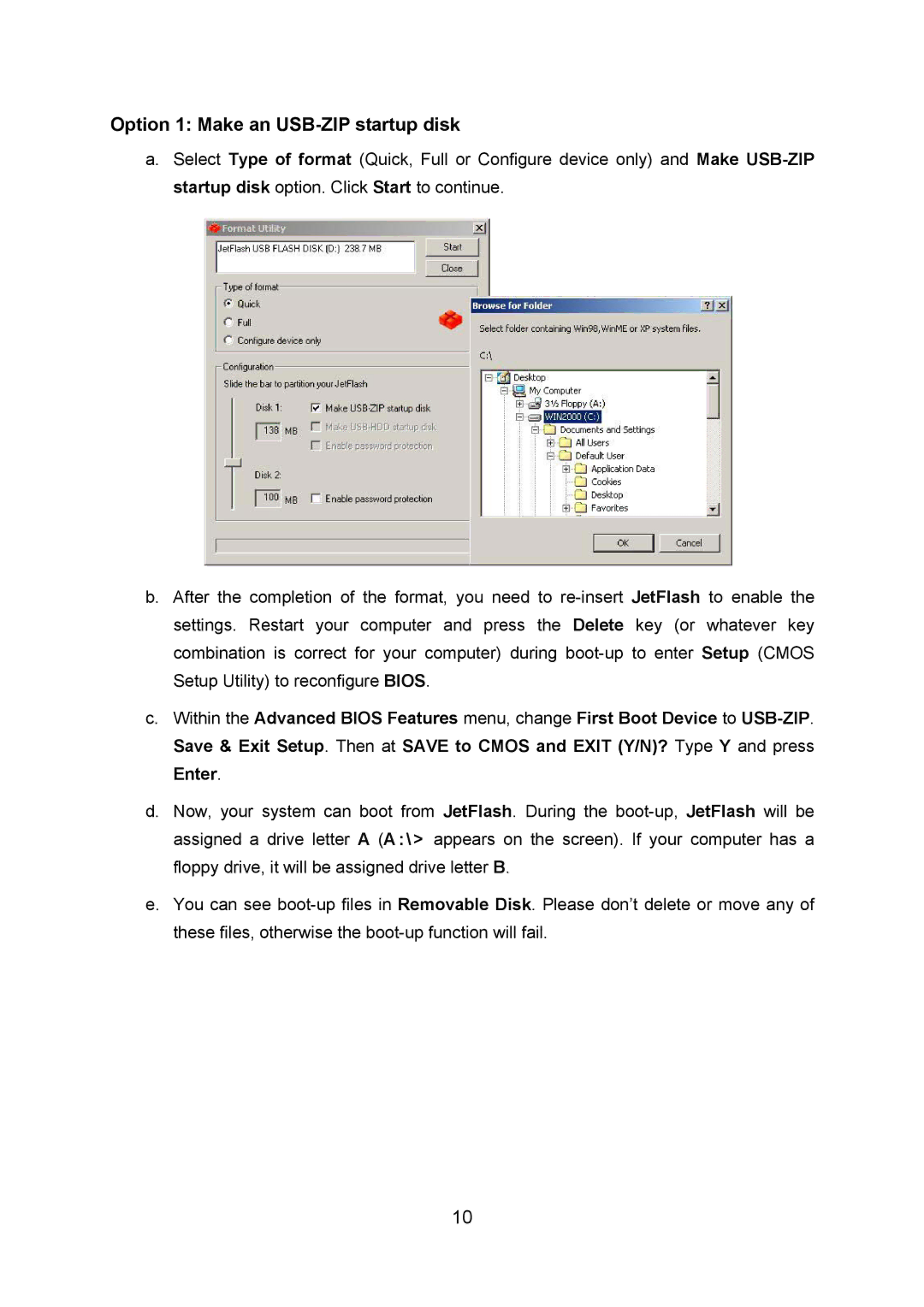 Transcend Information TS128M~8GJF2A user manual Option 1 Make an USB-ZIP startup disk 