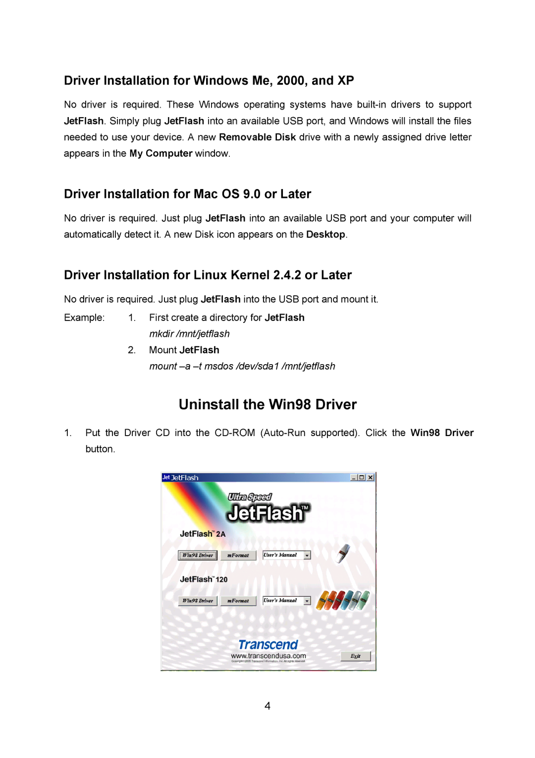 Transcend Information TS128M~8GJF2A user manual Driver Installation for Windows Me, 2000, and XP 