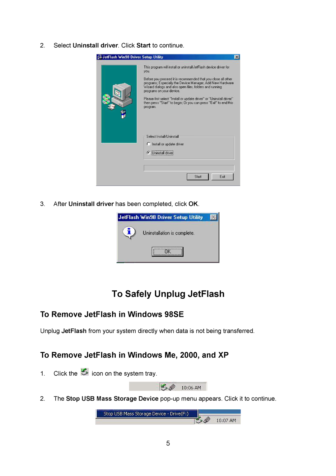 Transcend Information TS128M~8GJF2A To Remove JetFlash in Windows 98SE, To Remove JetFlash in Windows Me, 2000, and XP 