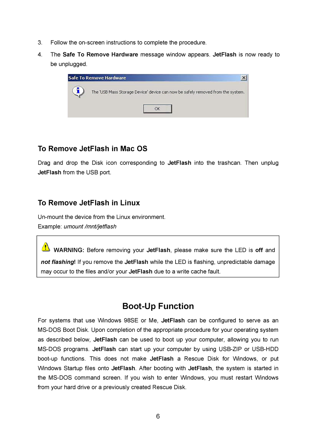 Transcend Information TS128M~8GJF2A user manual To Remove JetFlash in Mac OS, To Remove JetFlash in Linux 