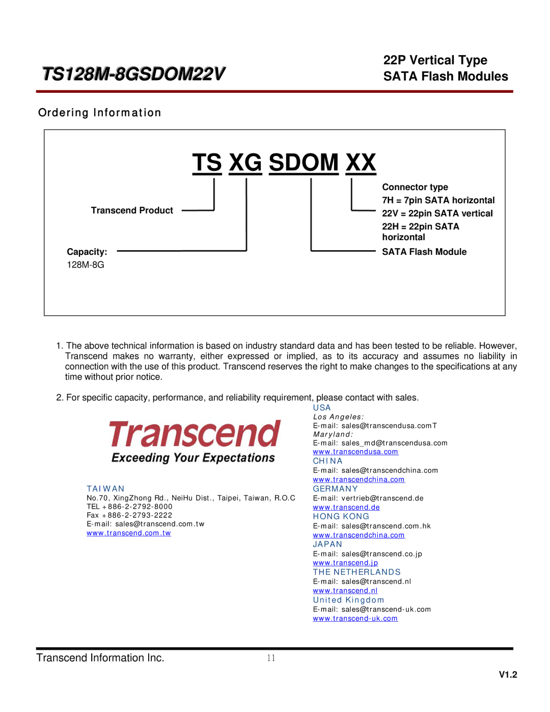 Transcend Information TS4GSDOM22V, TS128MSDOM22V, TS512MSDOM22V, TS256MSDOM22V, TS8GSDOM22V TS XG Sdom, Ordering Information 