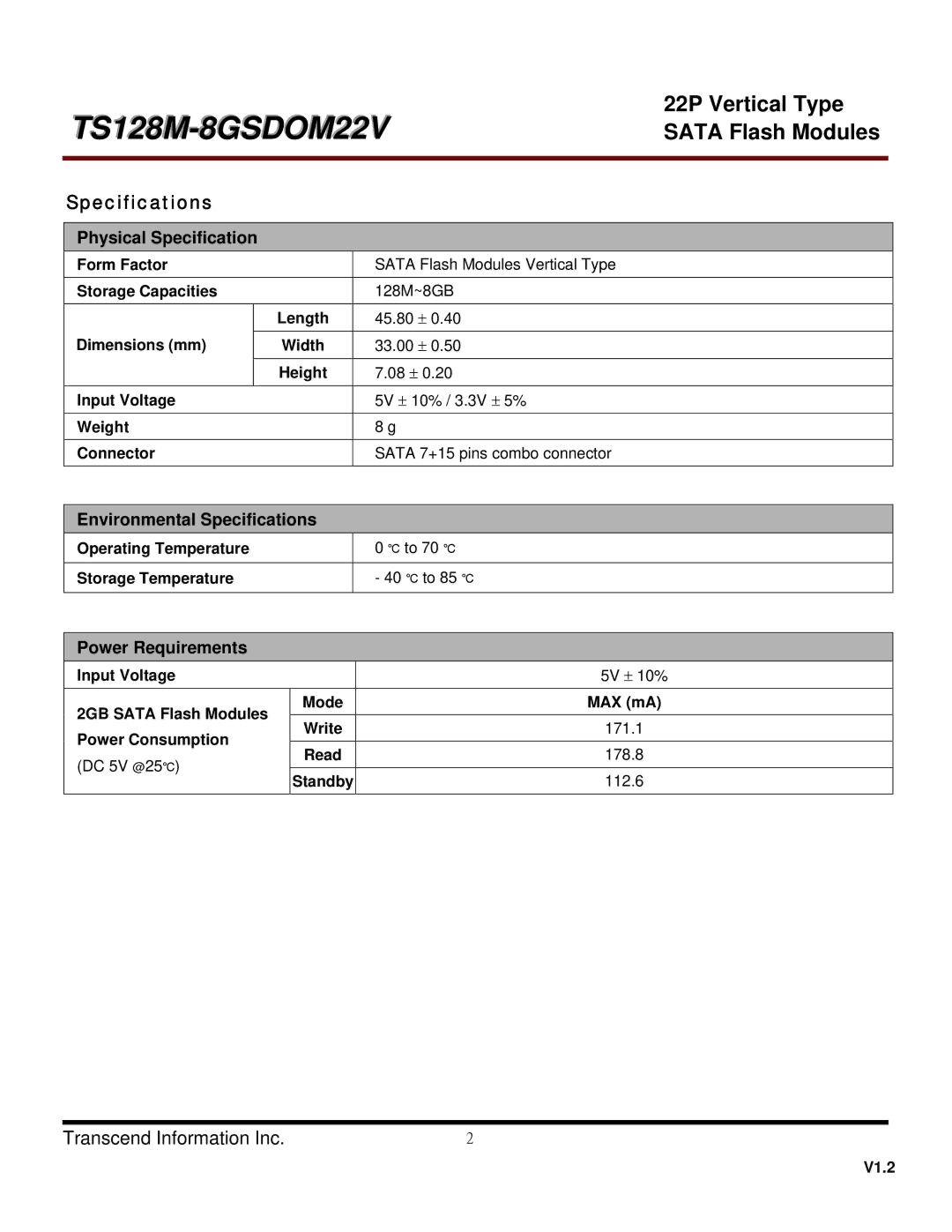 Transcend Information TS512MSDOM22V dimensions Physical Specification, Environmental Specifications, Power Requirements 