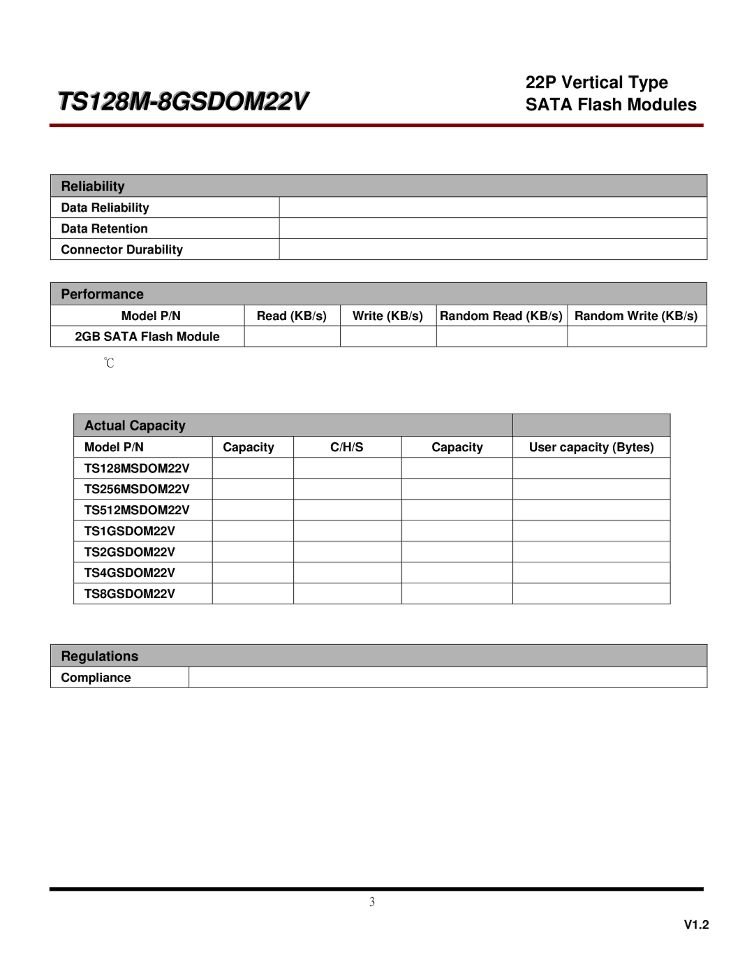 Transcend Information TS256MSDOM22V, TS128MSDOM22V, TS4GSDOM22V Reliability, Performance, Actual Capacity, Regulations 