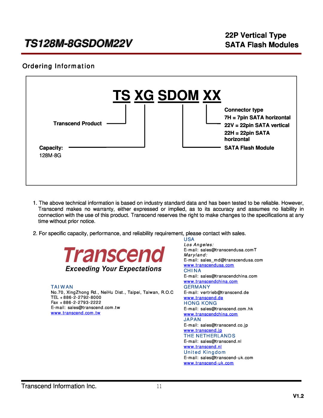 Transcend Information TS4GSDOM22V, TS128MSDOM22V Ordering Information, Ts Xg Sdom, TS128M-8GSDOM22V, 22P Vertical Type 
