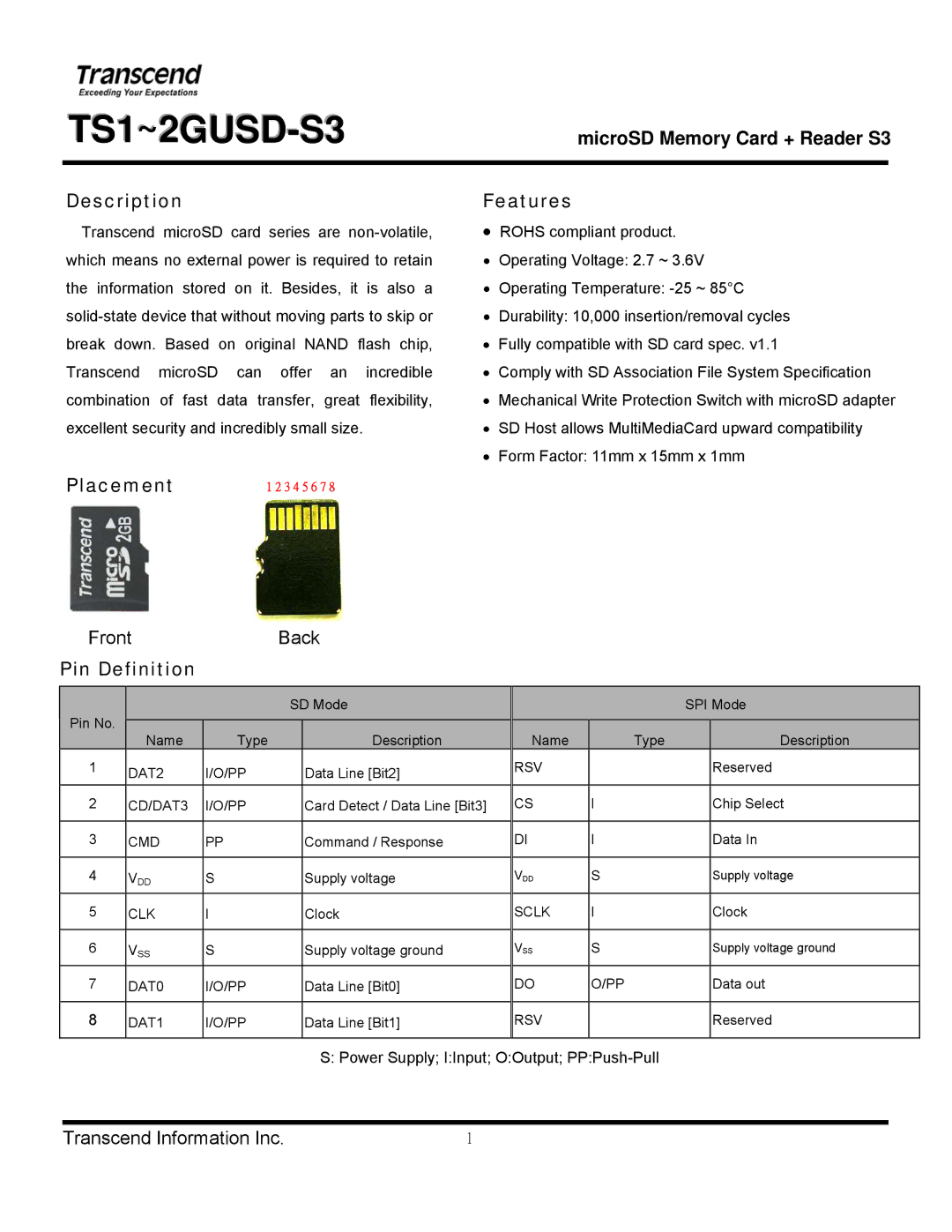 Transcend Information TS1~2GUSD-S3 manual MicroSD Memory Card + Reader S3, Description Features, Placement, Pin Definition 