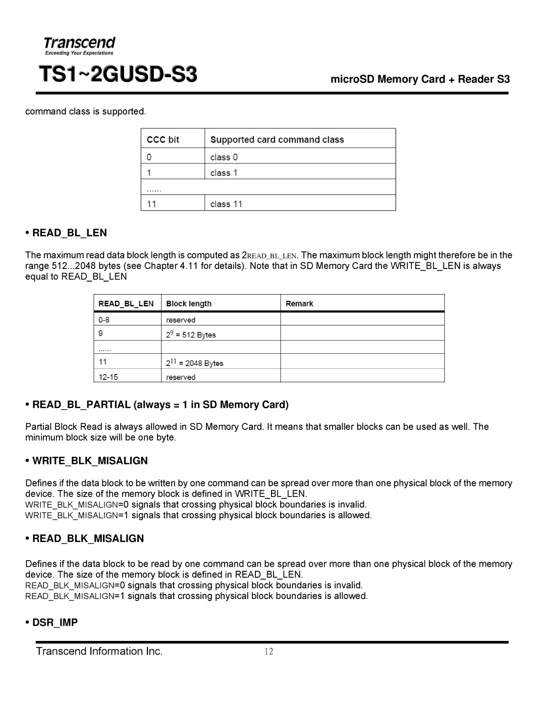 Transcend Information TS1~2GUSD-S3 manual Readbllen, Readblpartial always = 1 in SD Memory Card, Writeblkmisalign, Dsrimp 