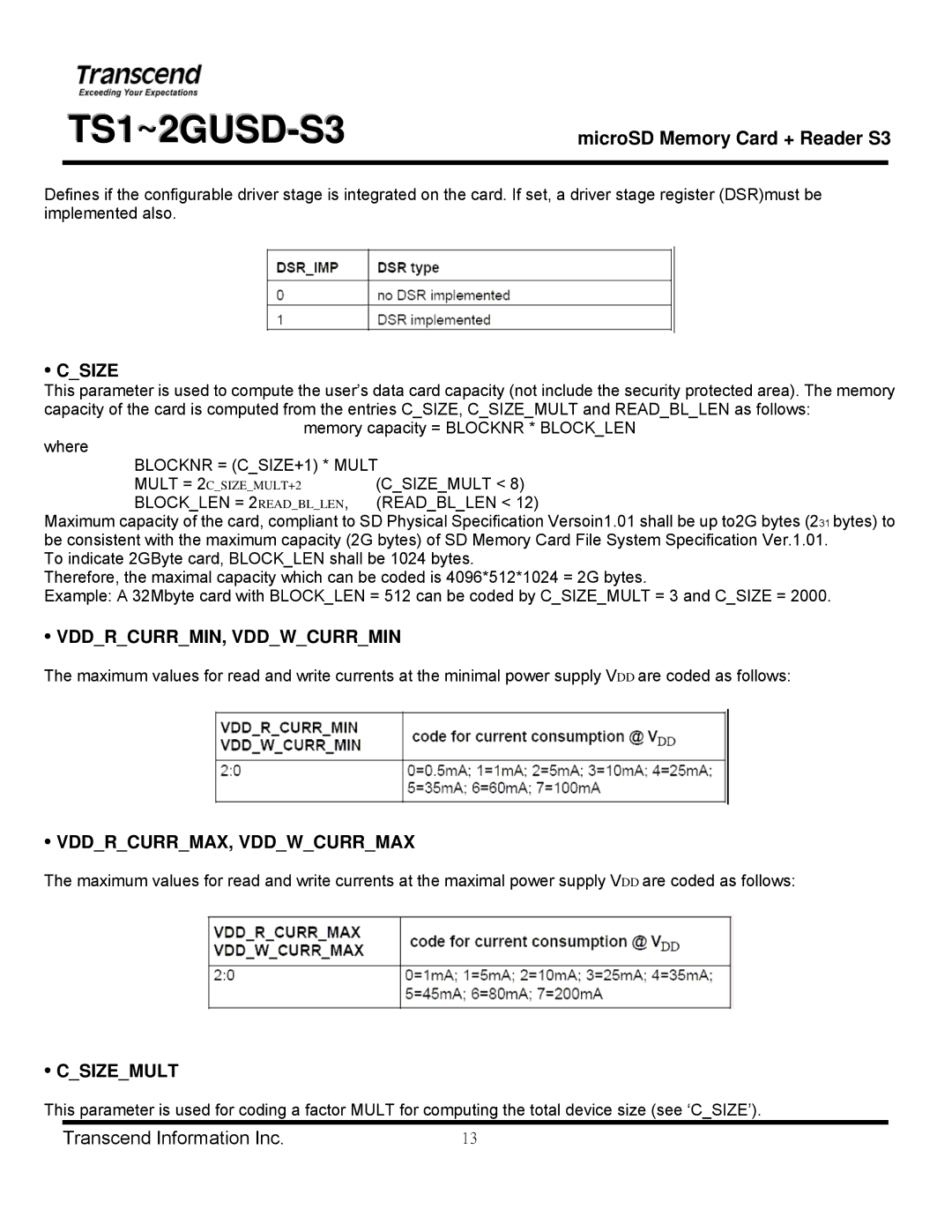 Transcend Information TS1~2GUSD-S3 manual VDDRCURRMIN, Vddwcurrmin, VDDRCURRMAX, Vddwcurrmax, Csizemult 