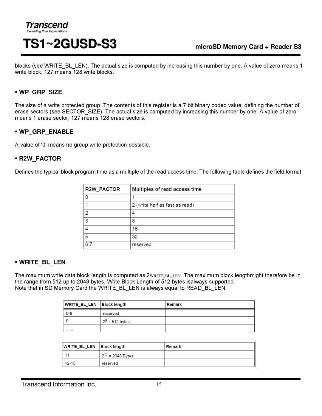 Transcend Information TS1~2GUSD-S3 manual Wpgrpsize, Wpgrpenable, R2WFACTOR, Writebllen 