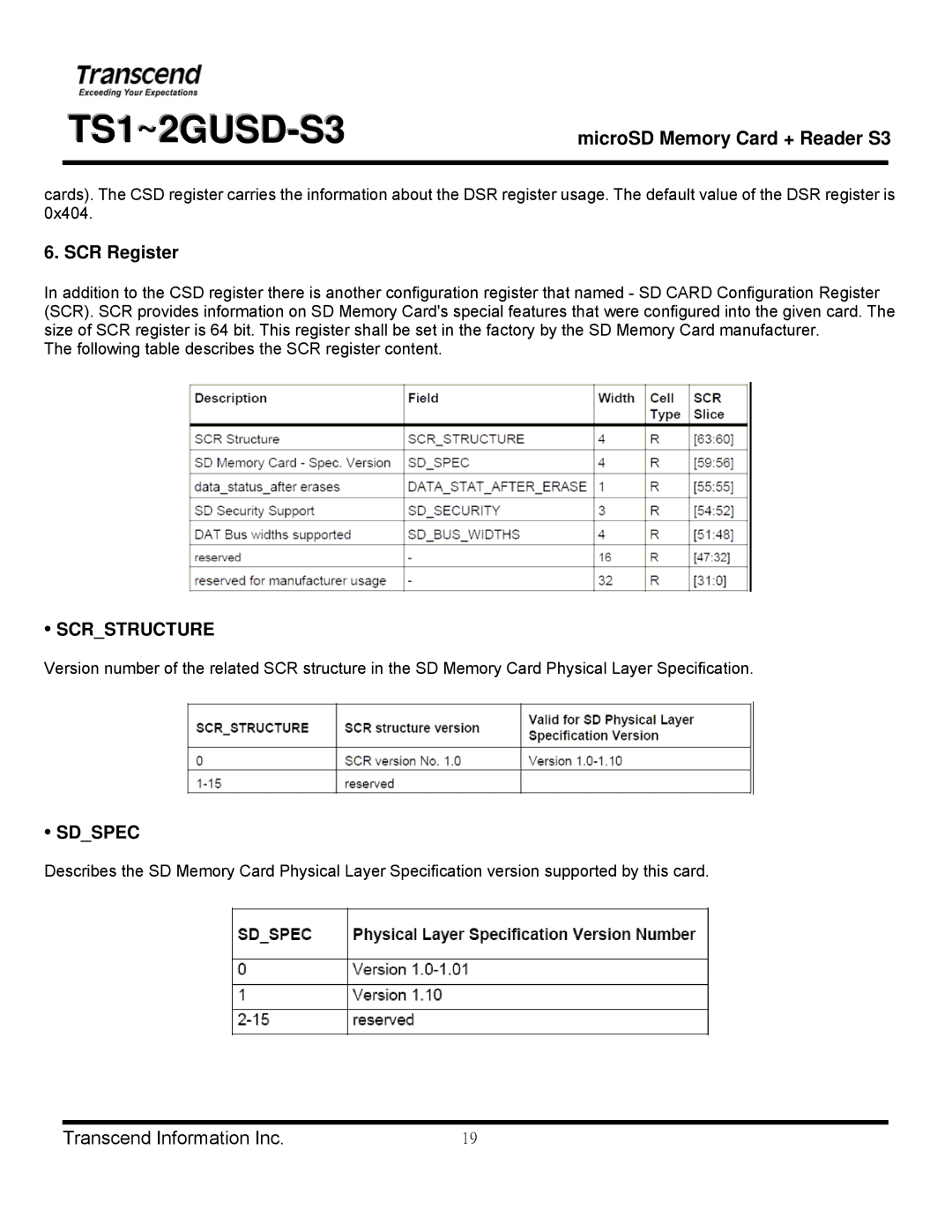 Transcend Information TS1~2GUSD-S3 manual SCR Register, Scrstructure, Sdspec 