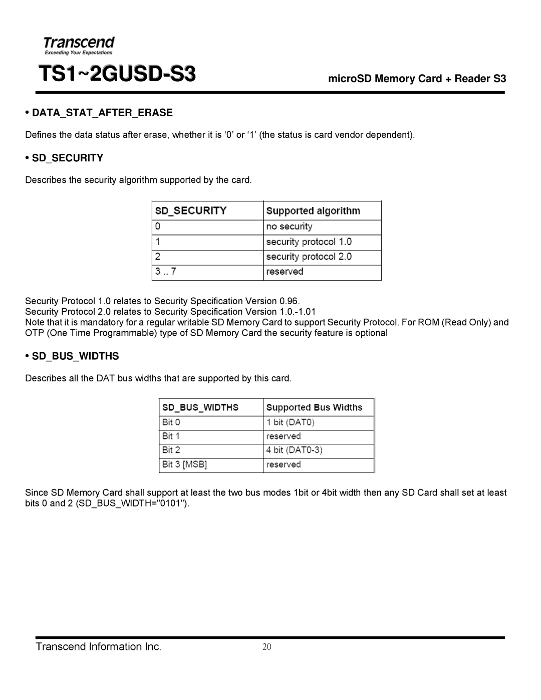 Transcend Information TS1~2GUSD-S3 manual Datastataftererase, Sdsecurity, Sdbuswidths 