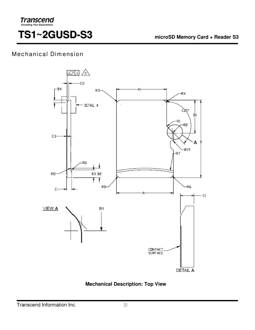 Transcend Information TS1~2GUSD-S3 manual Mechanical Description Top View 