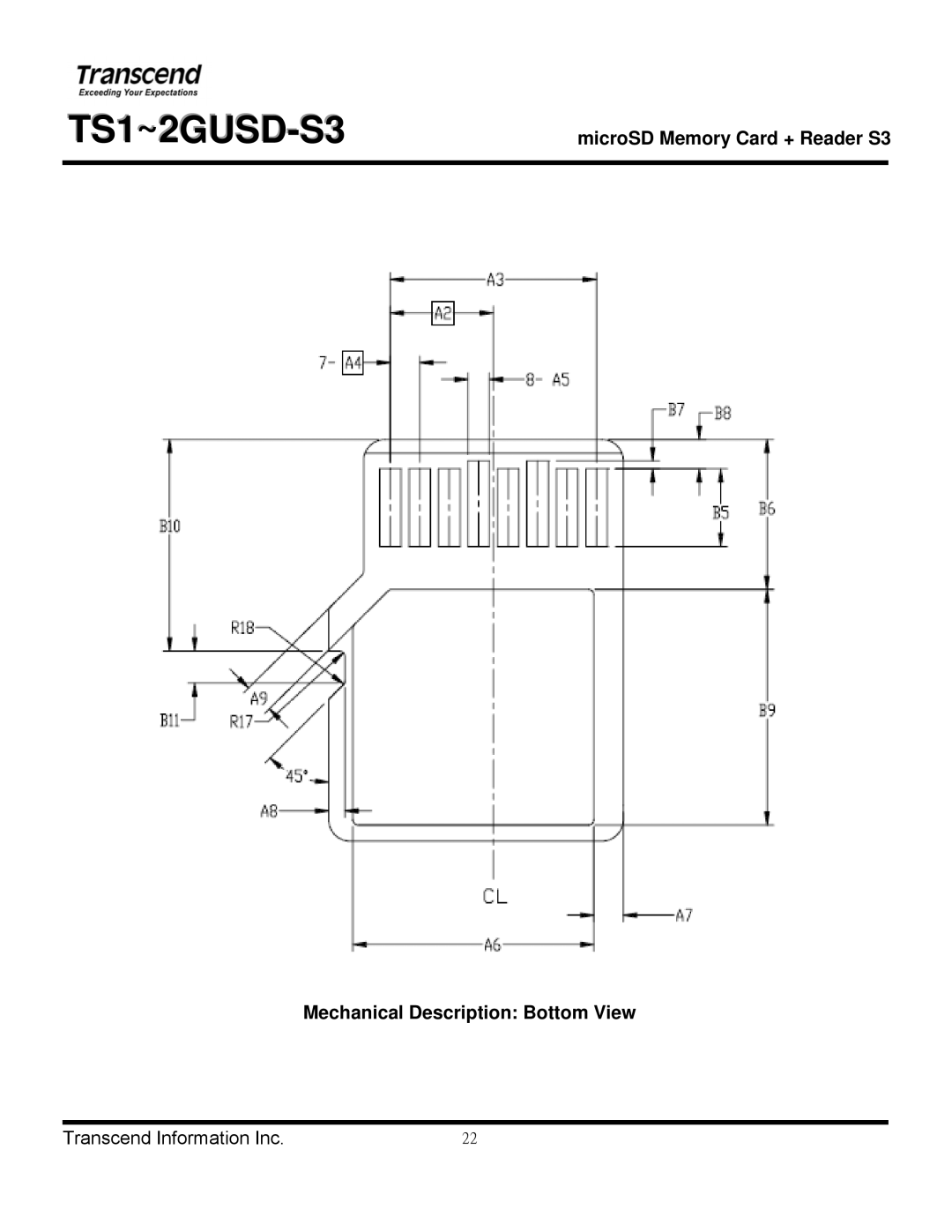 Transcend Information TS1~2GUSD-S3 manual Mechanical Description Bottom View 