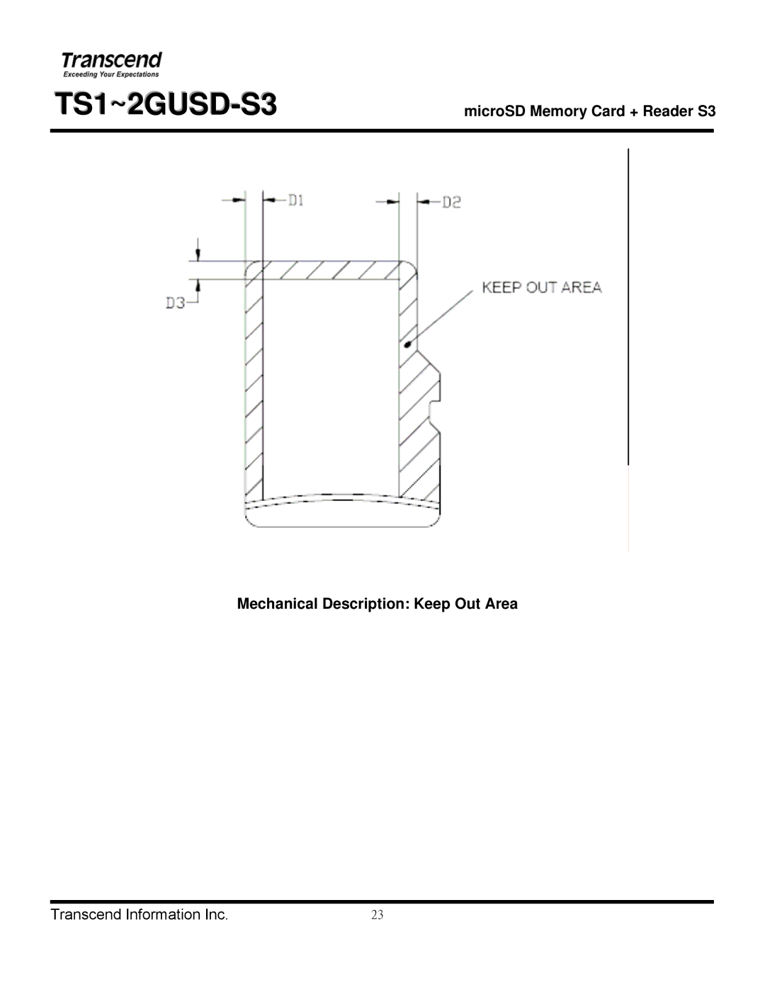 Transcend Information TS1~2GUSD-S3 manual Mechanical Description Keep Out Area 