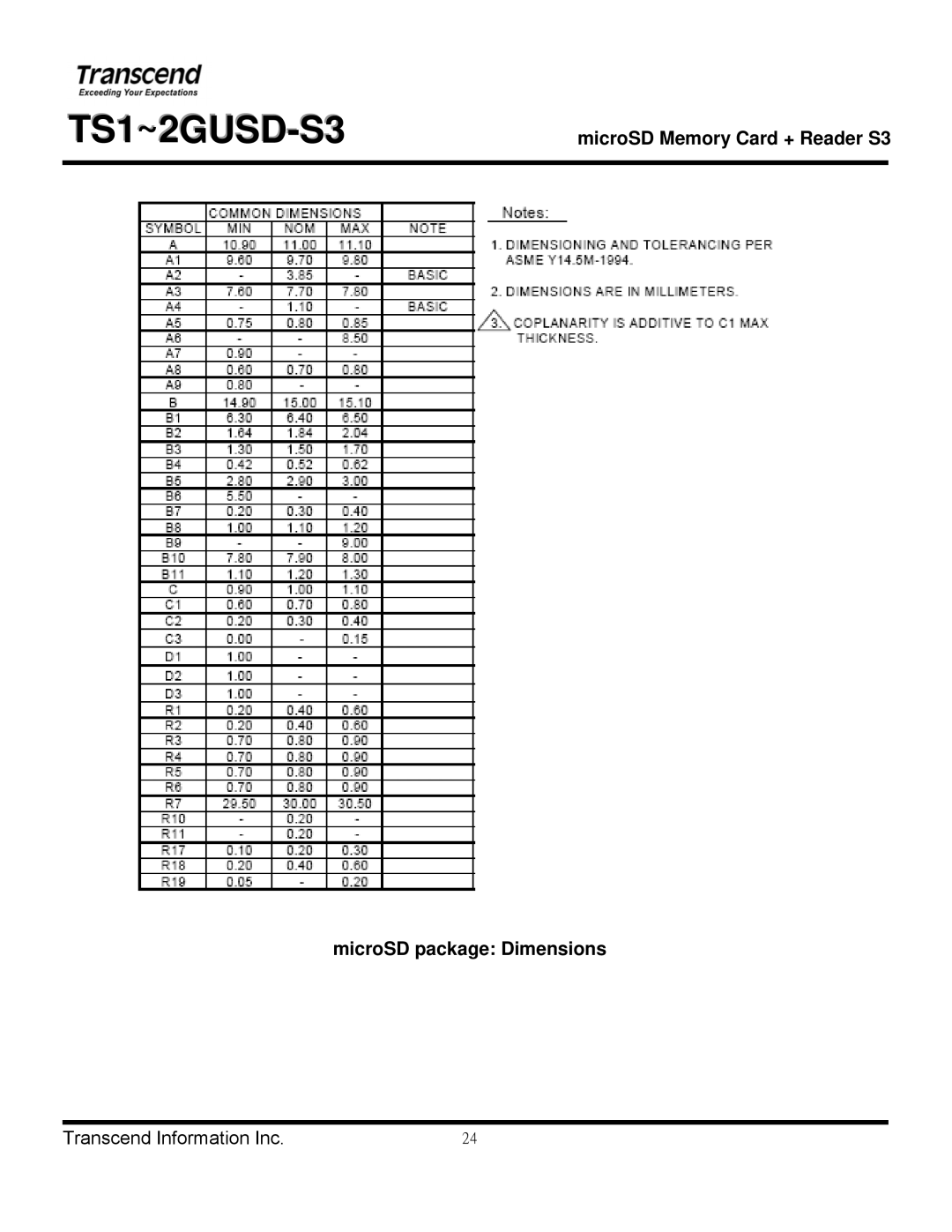 Transcend Information TS1~2GUSD-S3 manual MicroSD package Dimensions 