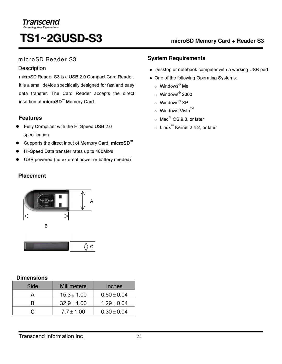 Transcend Information TS1~2GUSD-S3 manual MicroSD Reader S3, System Requirements, Placement Dimensions 